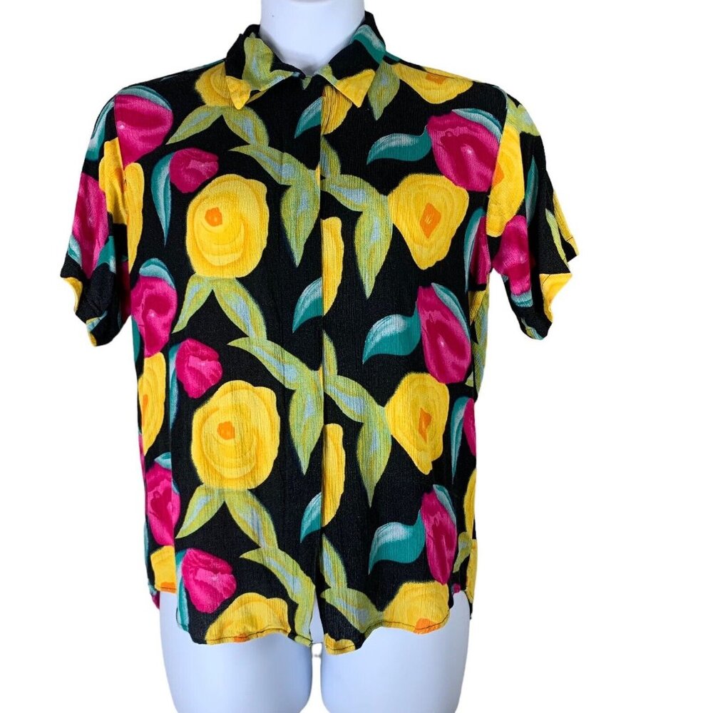 Floral Button Up Top Sz Medium Soft Wear Bold Multicolor Rayon Womens Blouse